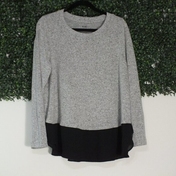 EVRI Light Grey Black Sheer Chiffon Ruffle Long Sleeved Sweater Tunic Size 0X - Picture 1 of 8